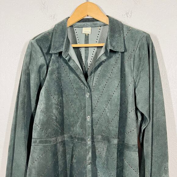 Ecru Hand Tooled Suede Shacket Button Up Top Shirt Long Sleeve Black - L - Picture 2 of 7